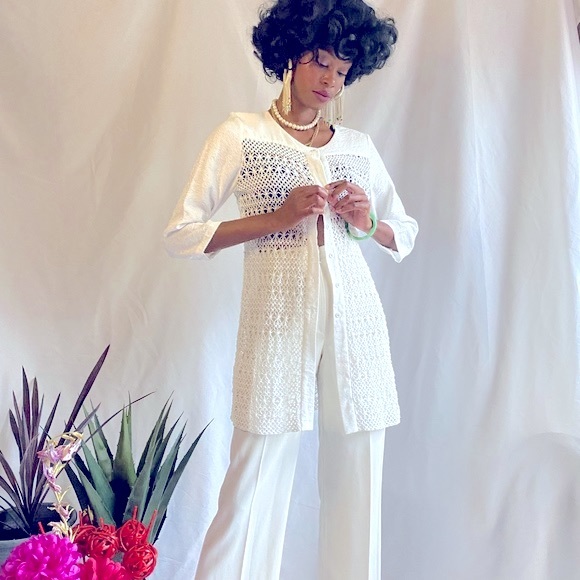 White crochet mixed textured top - Picture 8 of 11